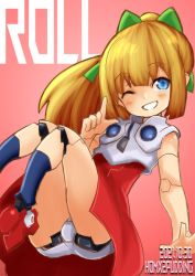 1girl blonde_hair blue_eyes capcom closed_eye joints mega_man_(classic) mega_man_(series) panties pink_background ponytail ribbon robot_joints roll_(mega_man) underwear