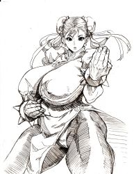 Rule 34 | 1girl, bonten, boots, breasts, capcom, china dress, chinese clothes, chun-li, cleavage, curvy, double bun, dress, female focus, highres, huge breasts, kung fu, monochrome, solo, street fighter, thick thighs, thighs, wide hips