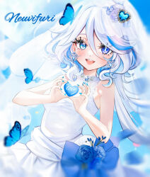 1girl bare_arms blue_eyes blue_gemstone blue_hair bridal_veil bride dress furina_(genshin_impact) gem genshin_impact hands_up heart heart-shaped_gem heart_hands looking_at_viewer open_mouth short_hair sidelocks smile solo strapless strapless_dress veil veryslow_zzzpin vest wavy_hair wedding_dress white_dress white_hair white_vest