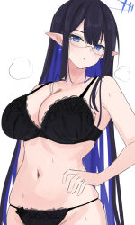 Rule 34 | 1girl, :o, black bra, black hair, black panties, blue archive, blue hair, bra, breasts, cleavage, colored inner hair, glasses, halo, hand on own hip, highres, lace, lace-trimmed bra, lace-trimmed panties, lace trim, large breasts, long hair, looking at viewer, multicolored hair, navel, panties, parted lips, pointy ears, rin (blue archive), simple background, skindentation, solo, stomach, tsumayouji (tumayog), two-tone hair, underwear, underwear only, very long hair, white background