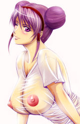 Rule 34 | 1girl, asamiya athena, breasts, bun cover, collarbone, covered erect nipples, double bun, female focus, hairband, large breasts, lips, looking at viewer, lucretia, navel, nipples, one eye closed, purple eyes, purple hair, see-through, shirt, skirt, smile, snk, solo, the king of fighters, wet, wink