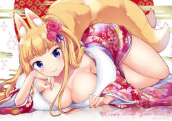 Rule 34 | 1girl, 2020, animal ear fluff, animal ears, blonde hair, blue eyes, blush, breasts, cleavage, closed mouth, collarbone, floral print, flower, fox ears, fox tail, furisode, hair flower, hair ornament, happy new year, japanese clothes, kimono, large breasts, lips, long hair, long sleeves, looking at viewer, lying, miyano ururu, multiple tails, new year, obi, off shoulder, original, red flower, sash, smile, solo, tail