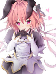 Rule 34 | 1boy, animal ears, artist name, astolfo (fate), astolfo (saber) (fate), astolfo (saber) (third ascension) (fate), black bow, black gloves, black ribbon, bow, bowtie, dress, fate/grand order, fate (series), gloves, hair between eyes, hair bow, hair intakes, hair ornament, hair ribbon, happy, long hair, long sleeves, looking at viewer, low twintails, male focus, multicolored hair, open mouth, own hands together, pink hair, purple eyes, rabbit ears, rabbit hair ornament, ribbon, satou yumeri, simple background, smile, solo, streaked hair, trap, twintails, twitter username, upper body, white background