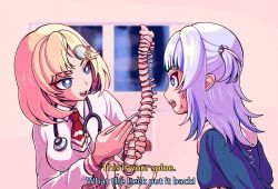 Rule 34 | 2girls, blonde hair, blue hair, blue hoodie, breasts, collared shirt, english text, gawr gura, grey hair, hair ornament, head tilt, hololive, hololive english, hood, hoodie, medium breasts, meme, multicolored hair, multiple girls, necktie, open mouth, pun, red necktie, shirt, smile, spine, stethoscope, streaked hair, subtitled, surprised, two side up, virtual youtuber, watson amelia, white shirt, zetxune