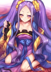 Rule 34 | 1girl, assassin of the nocturnal castle, blush, collarbone, fate/grand order, fate (series), highres, kiritani846, long hair, looking at viewer, purple eyes, purple hair, seiza, sitting, smile, solo, twintails, wu zetian (fate), wu zetian (first ascension) (fate)