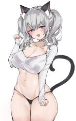 Rule 34 | 1girl, alternate costume, animal ears, black panties, blouse, blue eyes, breasts, cat ears, cat tail, chigasaki yukari, cleavage, commentary request, cowboy shot, grey hair, highres, kantai collection, kashima (kancolle), large breasts, long hair, long sleeves, looking at viewer, no pants, panties, shirt, sidelocks, solo, standing, tail, twintails, underwear, wavy hair, white shirt