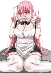 Rule 34 | 1girl, absurdres, apron, black bow, black bowtie, black dress, blue eyes, blush, bocchi the rock!, bow, bowtie, breasts, breath, cleavage, collar, detached collar, double v, dress, embarrassed, eyebrows, eyelashes, feet out of frame, female focus, gotoh hitori, hands up, highres, large breasts, long hair, looking afar, looking down, looking to the side, maid, maid apron, nervous, nervous smile, nose blush, official alternate costume, open mouth, pink hair, short sleeves, simple background, sitting, smile, solo, tears, thighhighs, v, wariza, white apron, white background, white collar, white thighhighs, white wrist cuffs, woo (woosan), wrist cuffs