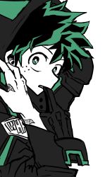 Rule 34 | 1boy, absurdres, black gloves, boku no hero academia, freckles, glove in mouth, gloves, green eyes, green hair, highres, hood, hood up, looking at viewer, male focus, midoriya izuku, mouth hold, no control, scar, scar on arm, scar on hand, simple background, solo, spot color, white background