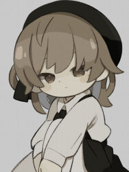 Rule 34 | 1girl, beret, black hat, black ribbon, black skirt, blush stickers, brown eyes, brown hair, chibi, closed mouth, collared shirt, commentary request, feet out of frame, hair ribbon, hands on own leg, hat, hatoba tsugu, highres, long sleeves, looking at viewer, medium hair, mole, mole under eye, neck ribbon, ribbon, shirt, single hair ring, sitting, skirt, solo, suspender skirt, suspenders, tsugu (vtuber), v arms, virtual youtuber, white shirt, yukino super