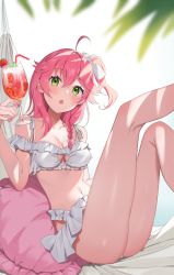 Rule 34 | 1girl, ahoge, bikini, blush, braid, breasts, cleavage, cleavage cutout, clothing cutout, cup, cushion, drinking glass, drinking straw, food, frilled bikini, frills, fruit, green eyes, hair ribbon, hammock, hatsuno xxx, heart cutout, highres, holding, holding cup, hololive, knees up, legs, long hair, looking up, medium breasts, navel, open mouth, pink hair, ribbon, sakura miko, side ponytail, sitting, solo, strawberry, swimsuit, thighs, virtual youtuber, white ribbon