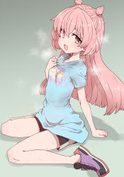 Rule 34 | 1girl, akazaki kokoro, arm behind back, clothes pull, collarbone, highres, idoly pride, looking at viewer, open mouth, pink eyes, pink hair, pulling own clothes, shirt pull, shoes, short sleeves, shorts, simple background, sitting, smile, sneakers, solo, steaming body, sumiyao (amam), sweat