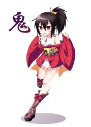 Rule 34 | 1girl, boots, brown hair, highres, japanese clothes, kimono, knee boots, kyuutou (kyuutouryuu), original, pink eyes, platform footwear, ponytail, thighhighs