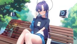 Rule 34 | 1girl, aya (lezon), bench, blue archive, blue eyes, blue jacket, blush, bottle, breasts, closed mouth, day, drone, glint, halo, high ponytail, highres, holding, holding bottle, jacket, lanyard, long hair, medium breasts, off shoulder, official alternate costume, outdoors, purple hair, raised eyebrows, sitting, sky, solo, star sticker, sweat, thighs, track jacket, tree, water bottle, yuuka (blue archive), yuuka (track) (blue archive)
