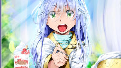Rule 34 | 1girl, alternate hair color, blue hair, food, green eyes, holding, holding spoon, ice cream, index (toaru majutsu no index), long hair, long sleeves, looking at viewer, open mouth, outdoors, robe, safety pin, sitting, smile, spoon, toaru majutsu no index