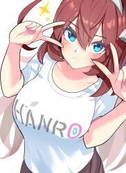 Rule 34 | 1girl, ahoge, blue eyes, blush, breasts, brown hair, closed mouth, commentary request, double v, hair between eyes, hairband, hands up, highres, looking at viewer, medium breasts, mihono bourbon (umamusume), shirt, short sleeves, solo, sparkle, takuan (taku1219oekaki), umamusume, upper body, v, v over eye, white background, white shirt
