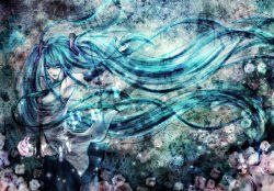 Rule 34 | 1girl, armpits, blue eyes, blue hair, blue theme, detached sleeves, female focus, hair ornament, hatsune miku, long hair, matching hair/eyes, necktie, open mouth, outstretched arm, outstretched hand, quuni, skirt, solo, standing, very long hair, vocaloid