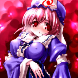 Rule 34 | 1girl, :o, blush, breasts, capelet, covered erect nipples, female focus, hat, large breasts, looking at viewer, lowres, miuku (marine sapphire), pink hair, red background, red eyes, saigyouji yuyuko, solo, touhou, triangular headpiece, upper body, veil, wide sleeves