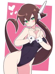 Rule 34 | 1girl, absurdres, aile (mega man zx), alternate costume, bare shoulders, black leotard, blush, breasts, brown hair, buzzlyears, closed mouth, covered navel, green eyes, heart, heart hands, highres, leotard, looking at viewer, medium breasts, mega man (series), mega man zx, mega man zx advent, solo, wrist cuffs