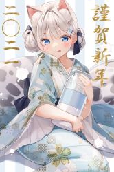 Rule 34 | 1girl, amanagi el, animal ear fluff, animal ears, black bow, blue eyes, blue kimono, blush, bottle, bow, cat ears, commentary request, double bun, feet out of frame, floral print, grey hair, hair between eyes, hair bow, hair bun, hair ornament, highres, indie virtual youtuber, japanese clothes, kimono, kinako (shiratama mochi), licking lips, long sleeves, looking at viewer, milk, milk bottle, obi, hugging object, official art, print kimono, sash, sitting, solo, striped, striped background, tongue, tongue out, translation request, vertical stripes, virtual youtuber, wide sleeves