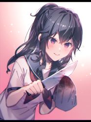 Rule 34 | 1girl, :&gt;, aicedrop, ayano aishi, black eyes, black hair, blush, cleaning, cleaning weapon, holding, holding knife, knife, letterboxed, long hair, musical note, neckerchief, ponytail, school uniform, serafuku, short sleeves, smile, solo, weapon, yandere simulator