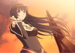 Rule 34 | 1girl, arm up, belt, black hair, blade arcus from shining, blowing, breasts, cloud, cloudy sky, cross, cross necklace, dress, dutch angle, eyebrows, frilled dress, frills, fringe trim, from below, hand in own hair, highres, holding, holding own hair, jewelry, kilmaria aideen, light smile, long hair, looking afar, necklace, official art, out of frame, outdoors, purple eyes, sculpture, shining (series), shining ark, sky, solo, standing, sunset, tony taka, upper body, wind