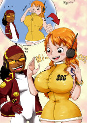 Rule 34 | 1boy, 1girl, absurdres, beads, black hair, breasts, brown eyes, gloves, grin, hand on own hip, hat, highres, large breasts, leotard, long hair, long nose, looking at another, nami (one piece), one piece, open mouth, orange hair, smile, standing, sunglasses, sweat, tattoo, usopp