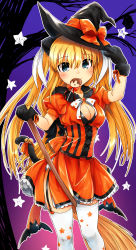 Rule 34 | 1girl, animal ears, animal hands, bat (animal), bell, black gloves, blonde hair, breasts, candy, cat ears, cat tail, cleavage, cleavage cutout, clothing cutout, dress, food, gloves, halloween, hat, highres, jingle bell, little busters!, lollipop, long hair, natsuoto rito, orange dress, paw gloves, solo, standing, star (symbol), tail, thighhighs, tokido saya, tree, white thighhighs, witch hat