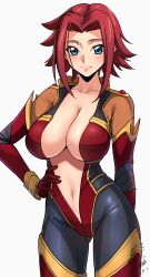 1girl absurdres arm_behind_back blue_eyes blush bodysuit breasts cleavage closed_mouth code_geass code_geass:_lost_stories commentary_request cowboy_shot dated gluteal_fold hair_intakes hand_on_own_hip highres kouzuki_kallen large_breasts legs looking_at_viewer mecha_pilot_suit multicolored_bodysuit multicolored_clothes navel open_bodysuit open_clothes red_hair short_hair sidelocks signature simple_background skin_tight smile solo standing thighs unzipped white_background yoo_tenchi