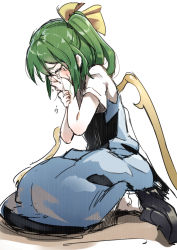 Rule 34 | 1girl, asutora, blue dress, commentary request, crying, daiyousei, dress, closed eyes, fairy wings, full body, green hair, hand on own face, highres, short sleeves, simple background, sitting, sketch, solo, tears, touhou, white background, wings
