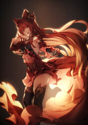 Rule 34 | 1girl, anthuria, bare shoulders, black gloves, breasts, dress, erune, fire, genyaky, gloves, granblue fantasy, hair ornament, highres, large breasts, long sleeves, looking at viewer, red dress, red eyes, red hair, single glove, solo