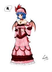 Rule 34 | 1girl, bad id, bad pixiv id, bat wings, blue hair, blush, choker, detached sleeves, dress, fang, female focus, frilled dress, frills, gown, hat, hat ribbon, highres, jewelry, necklace, pendant, pink dress, red eyes, remilia scarlet, ribbon, sanada (tony2035176), short hair, sketch, solo, squiggle, strapless, strapless dress, touhou, wings