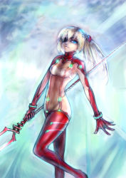Rule 34 | 00s, 1girl, alternate hair color, bident, blonde hair, blue eyes, bodysuit, evangelion: 2.0 you can (not) advance, eyepatch, girlsay, highres, lance of longinus (evangelion), long hair, multicolored clothes, neon genesis evangelion, plugsuit, polearm, rebuild of evangelion, solo, souryuu asuka langley, test plugsuit, twintails, weapon