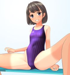 Rule 34 | 1girl, absurdres, bench, black hair, blue background, blue eyes, breasts, clothes writing, competition swimsuit, covered navel, grin, highleg, highleg swimsuit, highres, logo, looking at viewer, mizuno (brand), mole, mole under eye, one-piece swimsuit, original, purple one-piece swimsuit, short hair, sitting, small breasts, smile, solo, spread legs, striped clothes, striped one-piece swimsuit, swimsuit, takafumi, tan, tanline