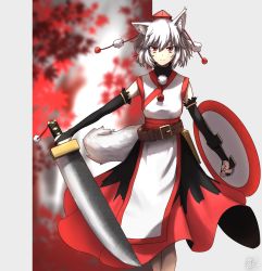 Rule 34 | 1641 (chfhrtor94), 1girl, animal ears, autumn leaves, bare shoulders, belt, black gloves, black skirt, brown belt, detached sleeves, elbow gloves, expressionless, gloves, hat, highres, holding, holding shield, holding sword, holding weapon, inubashiri momiji, leaf, looking at viewer, maple leaf, multicolored clothes, multicolored skirt, pom pom (clothes), red eyes, red skirt, scar, scar on arm, scar on face, scar on leg, shield, shirt, short hair, skirt, sleeveless, sleeveless shirt, solo, sword, tail, tokin hat, touhou, turtleneck, weapon, white hair, white shirt, wolf ears, wolf tail