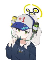 Rule 34 | 1girl, absurdres, baseball cap, beer hat, blue archive, blue hoodie, collarbone, commentary, cross, drinking straw, drinking straw in mouth, green eyes, halo, hare (blue archive), hat, high ponytail, highres, hood, hoodie, hrna, looking at viewer, medium hair, monster energy, ponytail, simple background, solo, upper body, white background, white hair, yellow halo