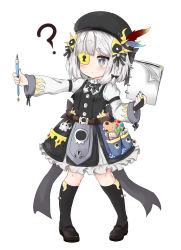 Rule 34 | 1girl, ?, bailingxiao jiu, belt, beret, black bow, black dress, black footwear, black hat, black socks, bow, braid, breasts, brown belt, canvas (object), dress, eyepatch, full body, grey eyes, hair bow, hat, highres, holding, holding pen, juliet sleeves, keyhole, kneehighs, long sleeves, mary janes, nib pen (object), original, outstretched arm, pen, pigeon-toed, puffy sleeves, shirt, shoes, silver hair, simple background, sketchbook, sleeveless, sleeveless dress, small breasts, socks, solo, standing, white background, white shirt
