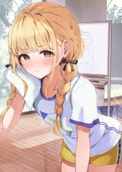 Rule 34 | 1girl, bag, black bow, blonde hair, blush, bottle, bow, braid, brown eyes, closed mouth, collarbone, commentary request, fujita kotone, gakuen idolmaster, hair bow, hair over shoulder, hand up, highres, holding, holding towel, idolmaster, leaning forward, long hair, looking at viewer, low twintails, racchi., school bag, shirt, short shorts, short sleeves, shorts, solo, sweat, towel, twin braids, twintails, water bottle, wavy mouth, white shirt, wooden floor, yellow shorts