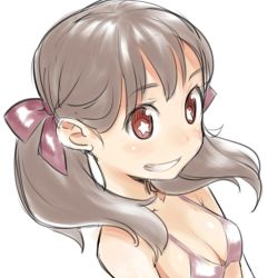 Rule 34 | + +, 1girl, bikini, bow, brown hair, character request, face, grin, hair bow, poporon, red eyes, smile, solo, star (symbol), swimsuit, twintails