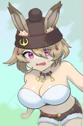 Rule 34 | 1girl, alternate costume, althemia, animal ears, blonde hair, breasts, dragalia lost, highres, large breasts, looking at viewer, open mouth, rabbit ears, red eyes, short hair, shorts, tekutekudays