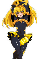 Rule 34 | 1girl, armpits, arms up, bad end peace, bad end precure, black bodysuit, black headwear, blush, bodysuit, breasts, cameltoe, cleft of venus, covered erect nipples, covered navel, dark persona, flat chest, frilled sleeves, frills, latex, latex bodysuit, legs together, looking at viewer, navel, open mouth, ponytail, precure, shiny clothes, skin tight, skirt, small breasts, smile precure!, surprised, toppogi, yellow eyes