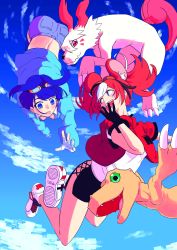 Rule 34 | 2girls, absurdres, agumon, animal ear fluff, animal ears, ass, black gloves, black hair, black skirt, blue eyes, blue hair, blue jacket, blue shorts, blue thighhighs, breasts, commentary, cropped jacket, digimon, digimon (creature), english commentary, falling, fingerless gloves, gloves, hakos baelz, highres, hololive, hololive english, jacket, labramon, large breasts, long sleeves, looking at another, medium breasts, mouse ears, mouse girl, mouse tail, multicolored hair, multiple girls, ouro kronii, red hair, red jacket, shirt, shoes, shorts, skirt, sky, streaked hair, tail, thighhighs, virtual youtuber, white footwear, white gloves, white hair, white shirt, zero (muftisaili)
