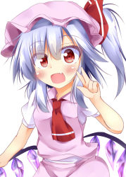 Rule 34 | 1girl, :d, alternate color, alternate eye color, alternate hair color, ascot, blush, bow, breasts, color switch, cosplay, fang, flandre scarlet, hat, hat bow, highres, kuzumomo, looking at viewer, open mouth, purple hair, remilia scarlet, remilia scarlet (cosplay), side ponytail, smile, solo, touhou, v, w, white background, wings
