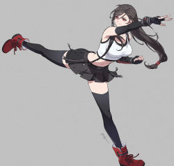 Rule 34 | 1girl, black hair, black skirt, black thighhighs, boots, bracelet, breasts, detached sleeves, fighting stance, final fantasy, final fantasy vii, final fantasy vii remake, highres, jewelry, kicking, large breasts, long hair, low-tied long hair, midriff, navel, red eyes, red footwear, skirt, solo, square enix, suspender skirt, suspenders, tank top, thighhighs, thighs, tifa lockhart, yufy