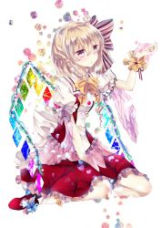 Rule 34 | 1girl, adapted costume, blonde hair, bow, flandre scarlet, ginzuki ringo, hair bow, hair ornament, highres, pink eyes, puffy short sleeves, puffy sleeves, sash, shirt, short sleeves, sitting, skirt, skirt set, solo, touhou, vest, wariza, wings, wrist cuffs