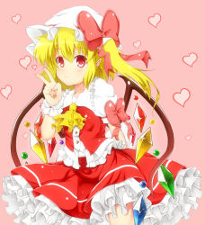 Rule 34 | 1girl, arms behind back, ascot, bad id, bad pixiv id, blonde hair, blouse, crystal, flandre scarlet, frilled skirt, frills, heart, heart background, highres, norori, peace symbol, pink background, pointy ears, pouty lips, red eyes, red shirt, red skirt, ribbon, shirt, short hair, side ponytail, skirt, solo, touhou, v, white shirt, wings, wrist cuffs