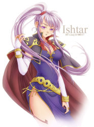 Rule 34 | 1girl, belt, breasts, bridal gauntlets, cape, character name, cleavage, dress, earrings, elbow gloves, fire emblem, fire emblem: genealogy of the holy war, gloves, ishtar (fire emblem), jewelry, kuroma (einin), long hair, nintendo, purple eyes, side ponytail, side slit, silver hair, solo