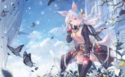 Rule 34 | 1girl, animal ears, belt, black coat, black thighhighs, blue eyes, blue sky, bow, branch, brown skirt, bug, building, butterfly, cloud, coat, day, floating hair, flower, fox ears, fox tail, fringe trim, fuuro (johnsonwade), hair ornament, insect, long hair, long sleeves, looking at viewer, miniskirt, open clothes, open coat, original, outdoors, pink bow, plant, pleated skirt, ribbed sweater, scarf, silver hair, skirt, sky, smile, snowflake hair ornament, solo, sweater, tail, thighhighs, white flower, wind, zettai ryouiki