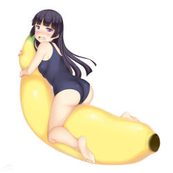 Rule 34 | 1girl, absurdres, ass, banana, barefoot, black hair, blue one-piece swimsuit, blush, breast press, breasts, feet, food, from behind, fruit, full body, gokou ruri, highres, inflatable toy, leaning forward, legs, long hair, looking back, lying, on stomach, one-piece swimsuit, open mouth, ore no imouto ga konna ni kawaii wake ga nai, pink eyes, sainohikari, school swimsuit, simple background, soles, solo, straddling, swimsuit, thighs, toes, white background