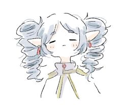 Rule 34 | 1girl, blush, capelet, chibi, closed eyes, closed mouth, commentary request, curly hair, drill hair, earrings, elf, facing viewer, frieren, grey hair, jewelry, long hair, messy hair, nana163i, official alternate hairstyle, pointy ears, sidelocks, simple background, sketch, solo, sousou no frieren, twin drills, twintails, upper body, white background, white capelet
