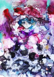 Rule 34 | 1girl, abstract, black dress, blue eyes, blue hair, commentary, doremy sweet, dress, fu~ai, hat, highres, looking at viewer, multicolored clothes, multicolored dress, nightcap, one-hour drawing challenge, red hat, short hair, solo, touhou, traditional media, upper body, white dress